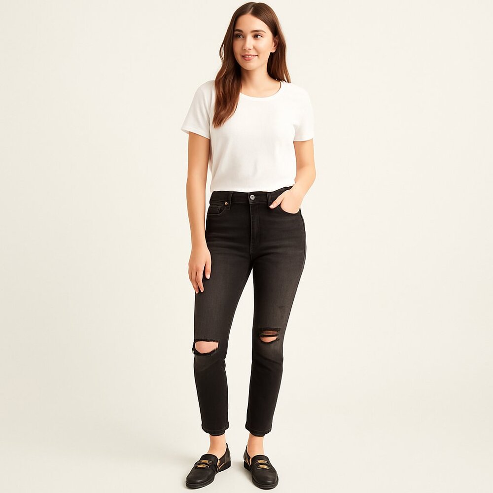 H&M NWT | Black Distressed Loose Fit Mom Jeans Size Women's 14